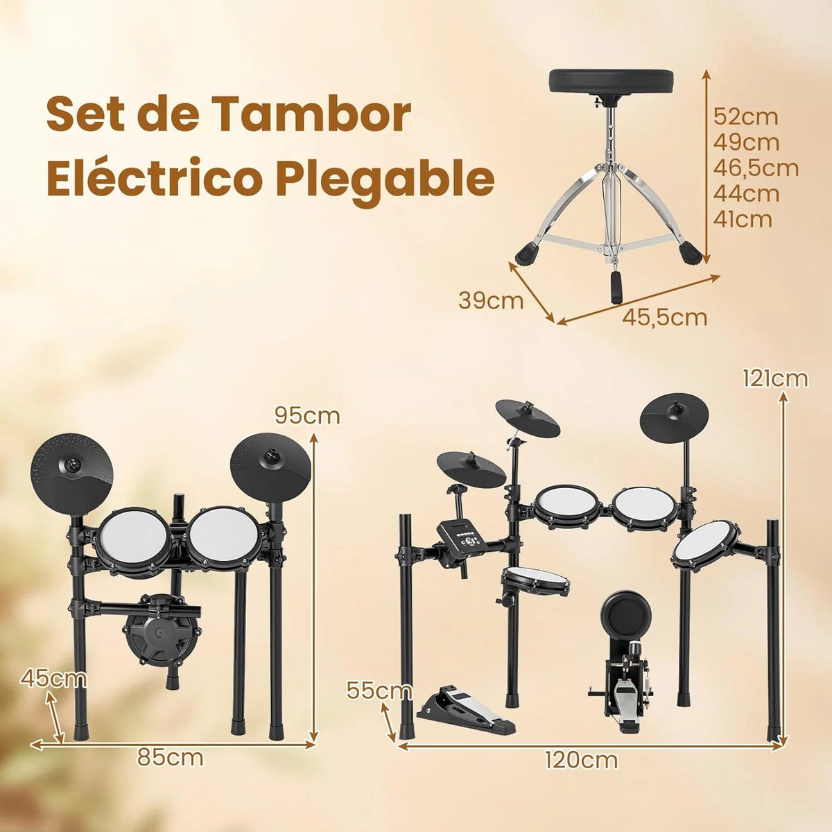 COSTWAY Bateria Eletrónica, Kit de Bateria Dobrável com Pads de Malha Silenciosos, Prato, 225 Sons e 30 Demos, Metrônomo e USB MIDI, Bumbo, 2 Baquetas, Banco Ajustável, para Adultos e Crianças