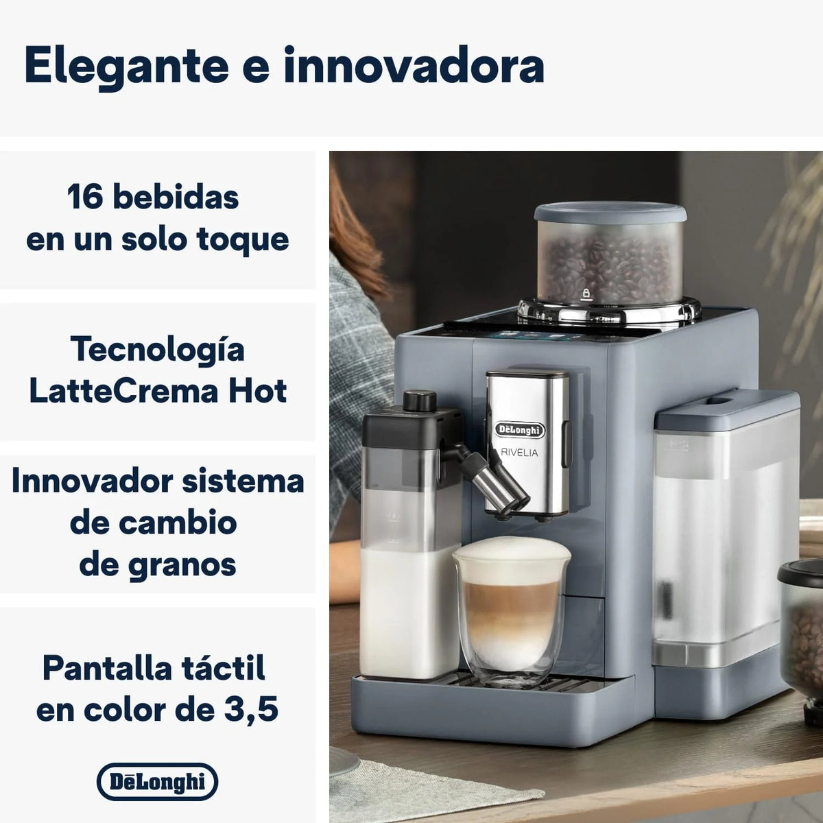 De'Longhi Rivelia EXAM440.55.G, Cafeteira Superautomática com LatteCrema Hot, Espumador de Leite Automático, Tamanho Compacto, 16 Receitas, Ecrã Tátil a Cores, Cinzento