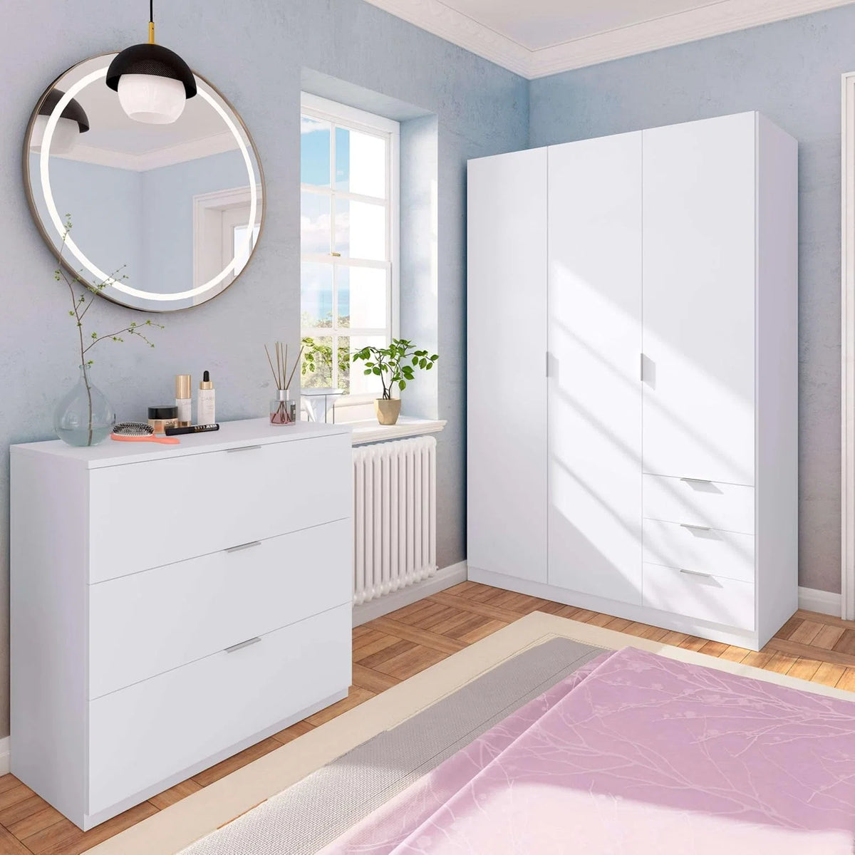 Guarda-Roupa de Três Portas e Três Gavetas Habitdesign, Acabamento Branco Ártico, Medidas: 121 cm (L) x 180 cm (A) x 52 cm (P)
