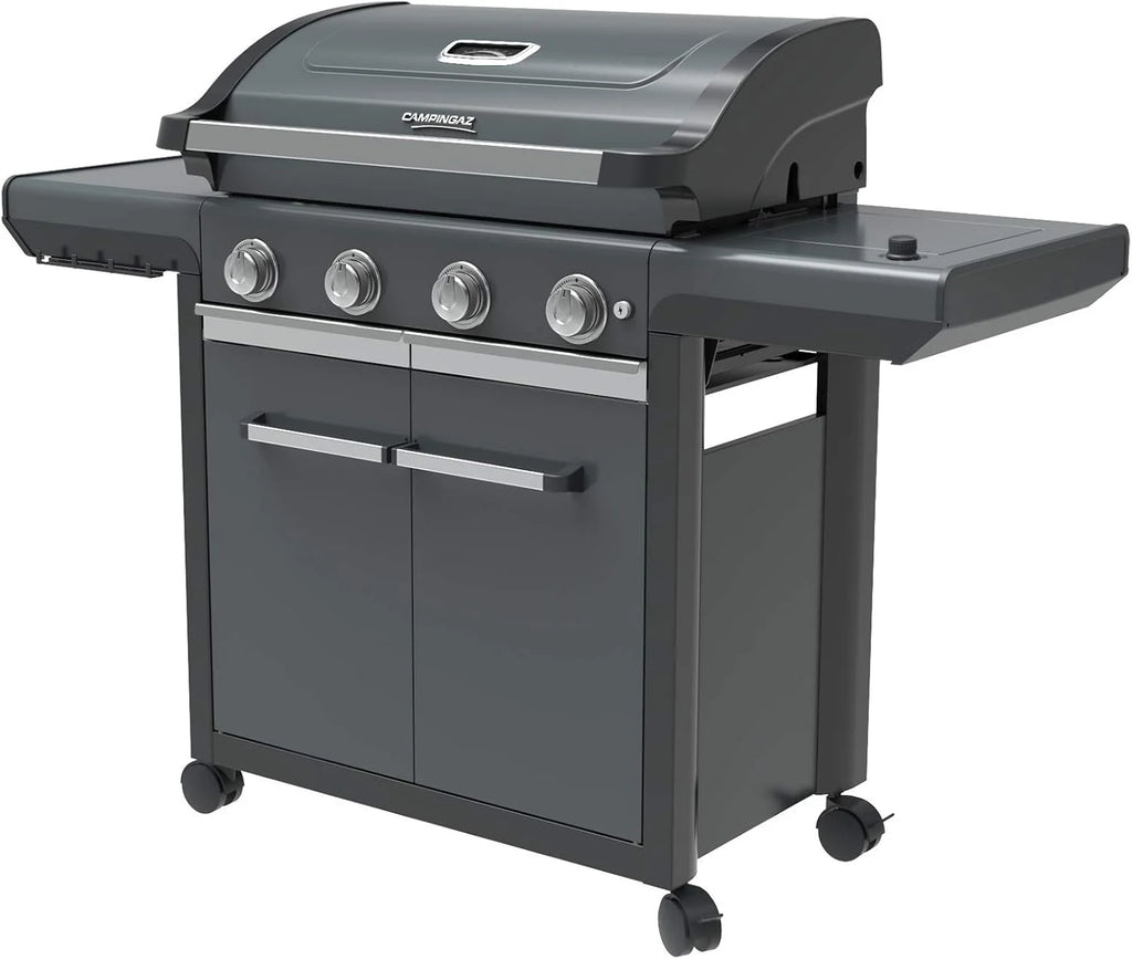 Campingaz Churrasqueira a Gás Série 4 Premium S, churrasqueira a gás com 4 queimadores em aço inoxidável de 13,6 kW, 1 queimador lateral, tampa, termómetro, InstaClean Aqua, sistema modular culinário, fogão