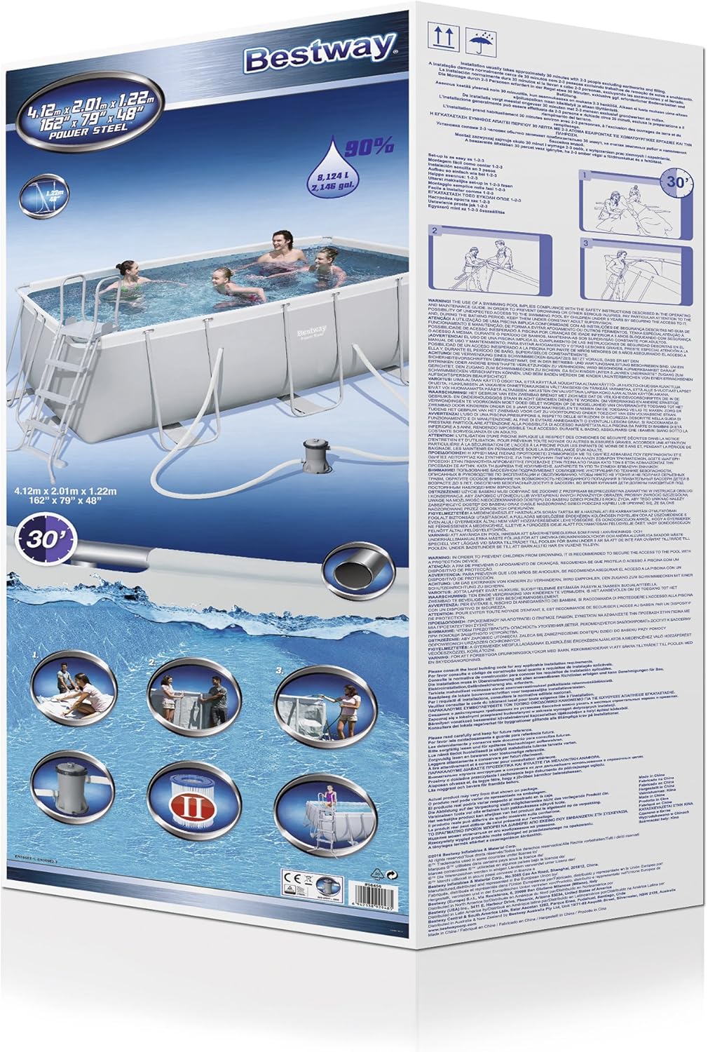 BESTWAY 56456 - Piscina de Armação Retangular Power Steel, Filtro Cartucho 2.006 litros/hora, 412x201x122 cm