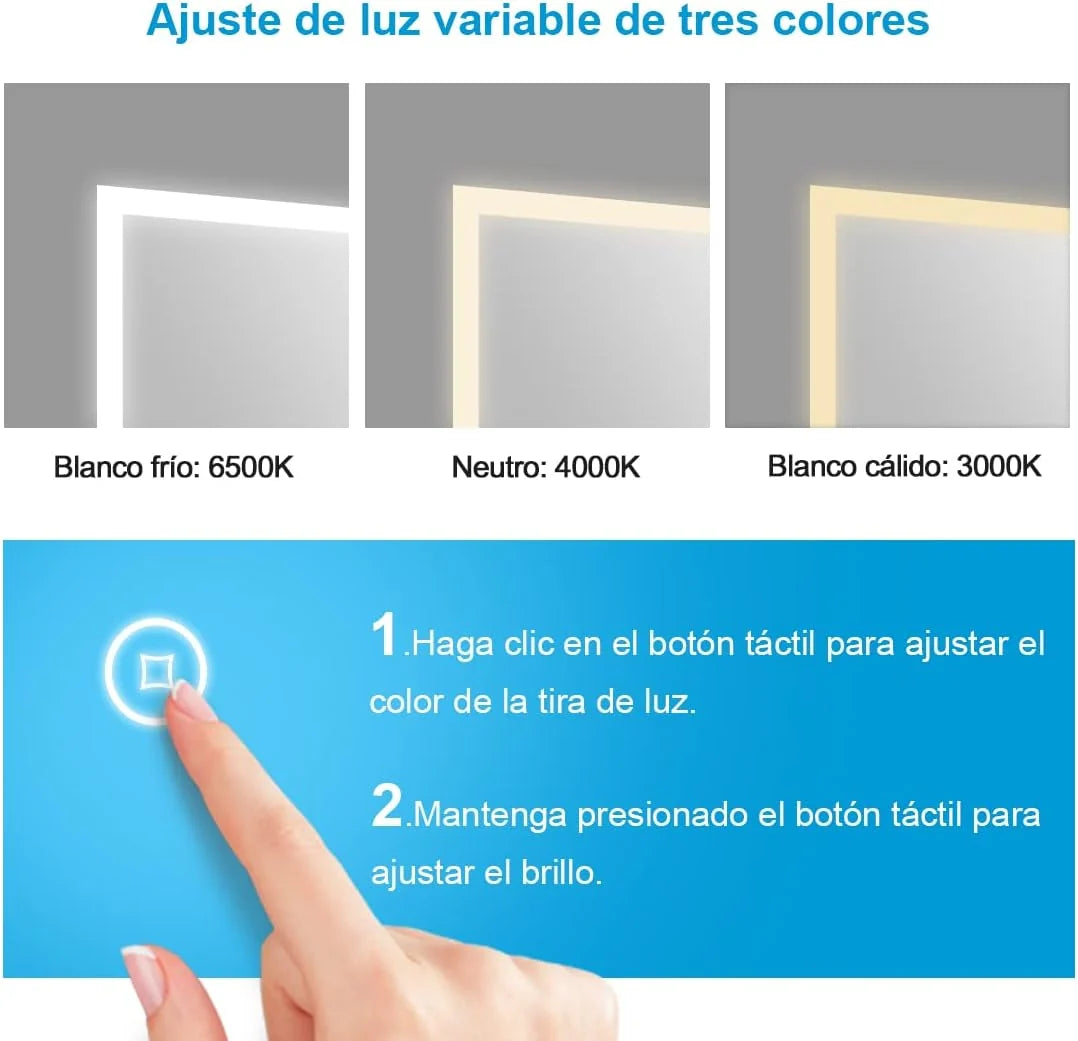 Heilmetz Espelho de Banheiro Iluminado por LED com Lupa 3X, 80 x 60 cm, com Interruptor de Toque e Função Antiembaçamento, Relógio e Bluetooth, Regulável, Três Cores, Tipo13