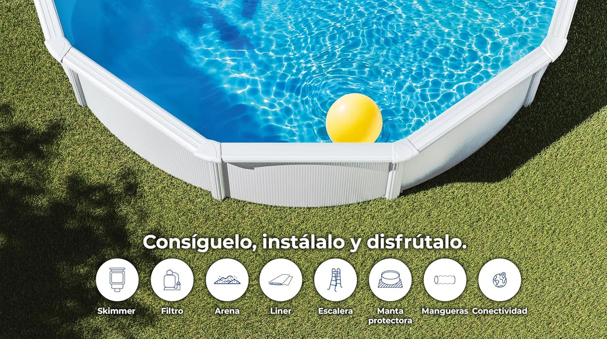 Piscina de Aço Elevada, Redonda com Aparência de Aço Branco. Piscinas Desmontáveis para Jardim 550 x 132 cm - Piscina Gre KITPROV508 Atlantis.