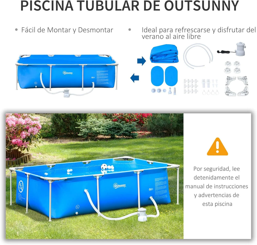 Outsunny Piscina Desmontável Tubular 252x152x65 cm com Bomba Filtrante de Cartucho 1200L/H Piscina Retangular Exterior para Adultos e Crianças 2163L Azul