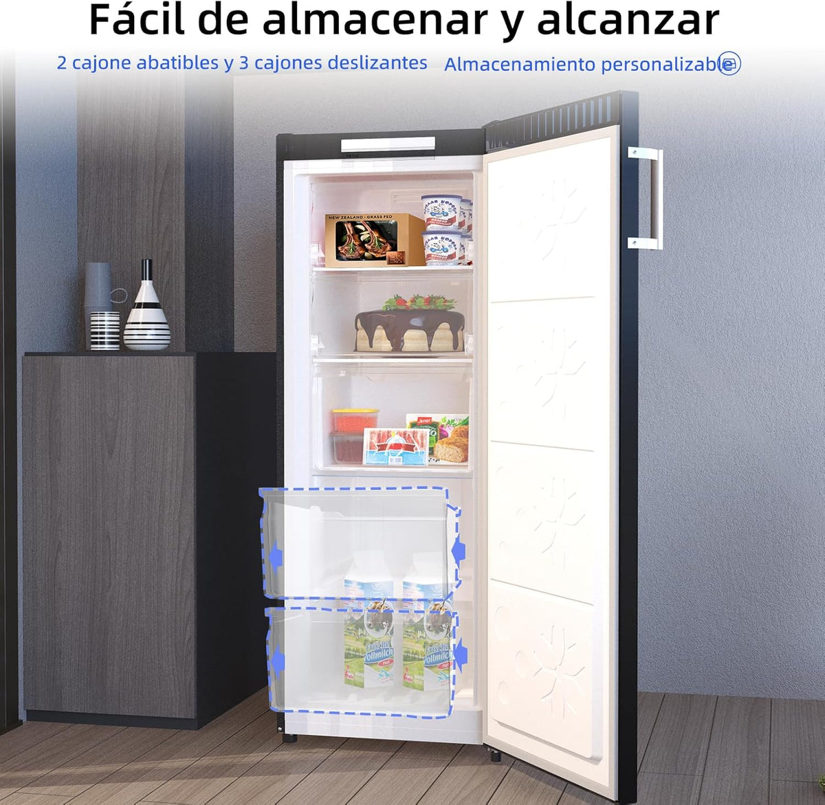 CHiQ Congelador Vertical No frost 166L, FSD166NE4E, Gavetas XL, Controle Eletrônico de Temperatura, Portas Reversíveis, Silencioso, Ice Box, Cor Inox Preto, Classe Energética E
