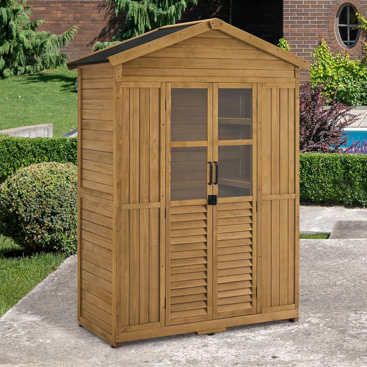 Armário de Jardim de Madeira M MCombo Resistente às Intempéries, Galpão de Ferramentas Externo à Prova D'Água, 74×143×200 cm (Natureza)
