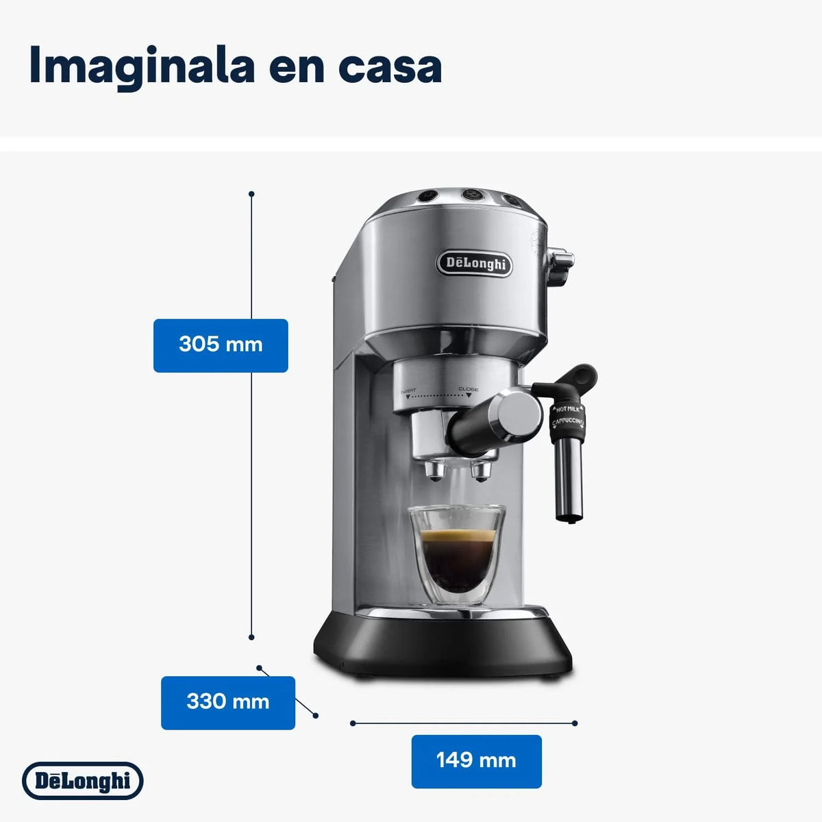 De'Longhi Dedica – Cafeteira Espresso Bomba de Aço Inoxidável para Café Moído ou Saches, Espresso e Cappuccino, Reservatório de 1.3 Litros, Sistema Anti-gotejamento, Modelo EC685.M, Cor Metal