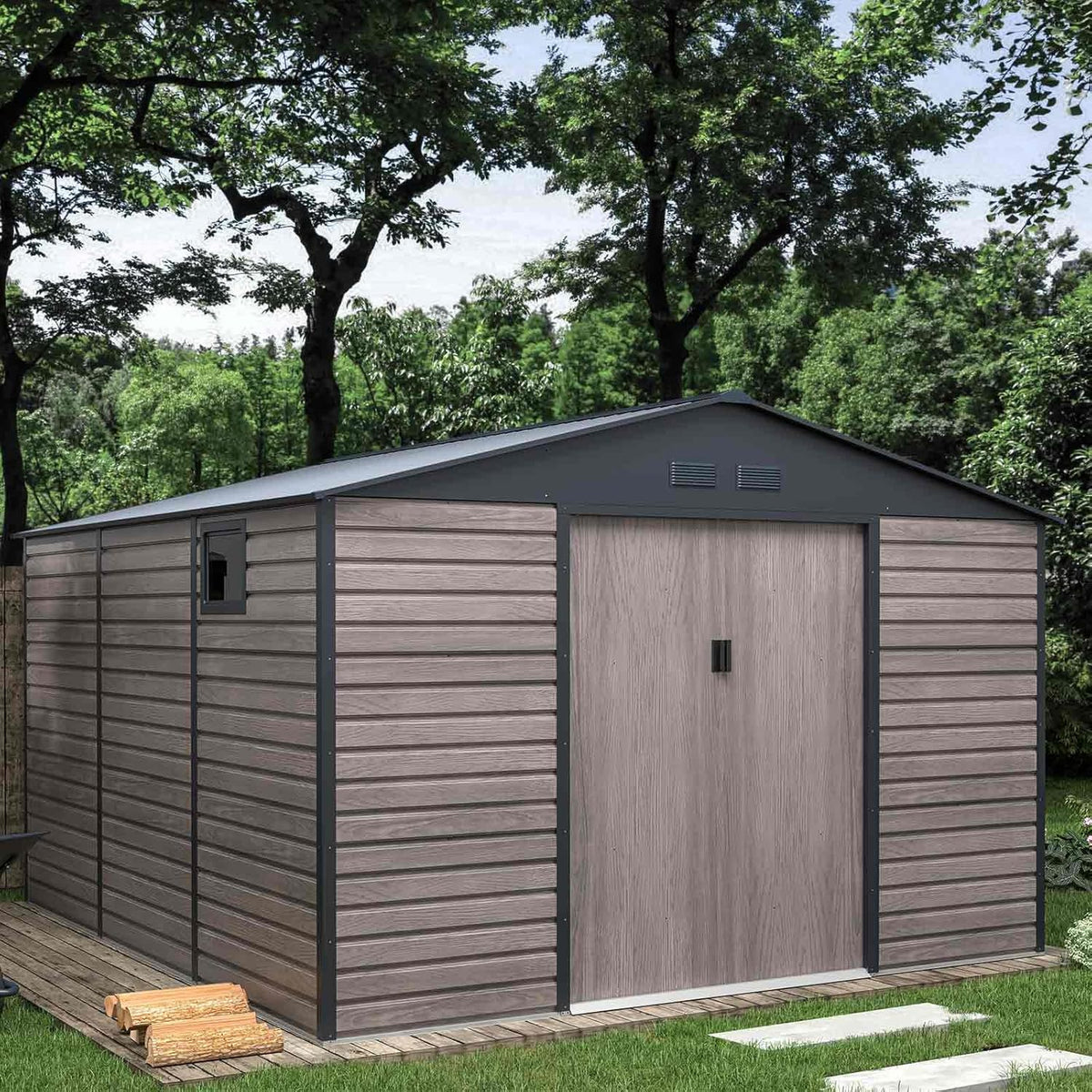 Gardiun Galpão de Metal Surrey 13 m2 Externo 340x382x226 cm de Aço com Janela Lateral e Efeito de Grãos de Madeira