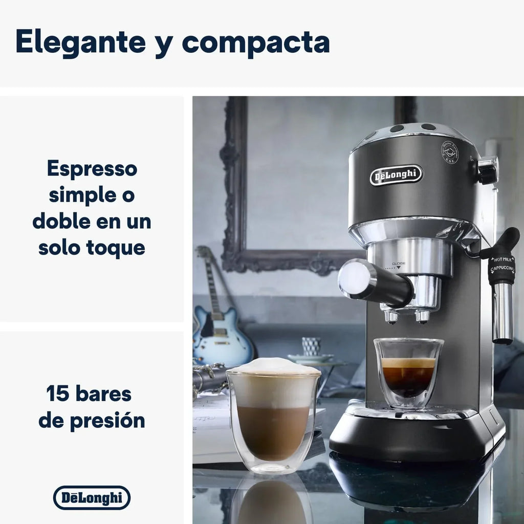De'Longhi Dedica – Cafeteira de Bomba em Aço Inoxidável para Café Moído ou Saquetas, Espresso e Cappuccino, Reservatório de 1.3 Litros, Sistema Anti-pingo, Modelo EC685.M, Cor Metal