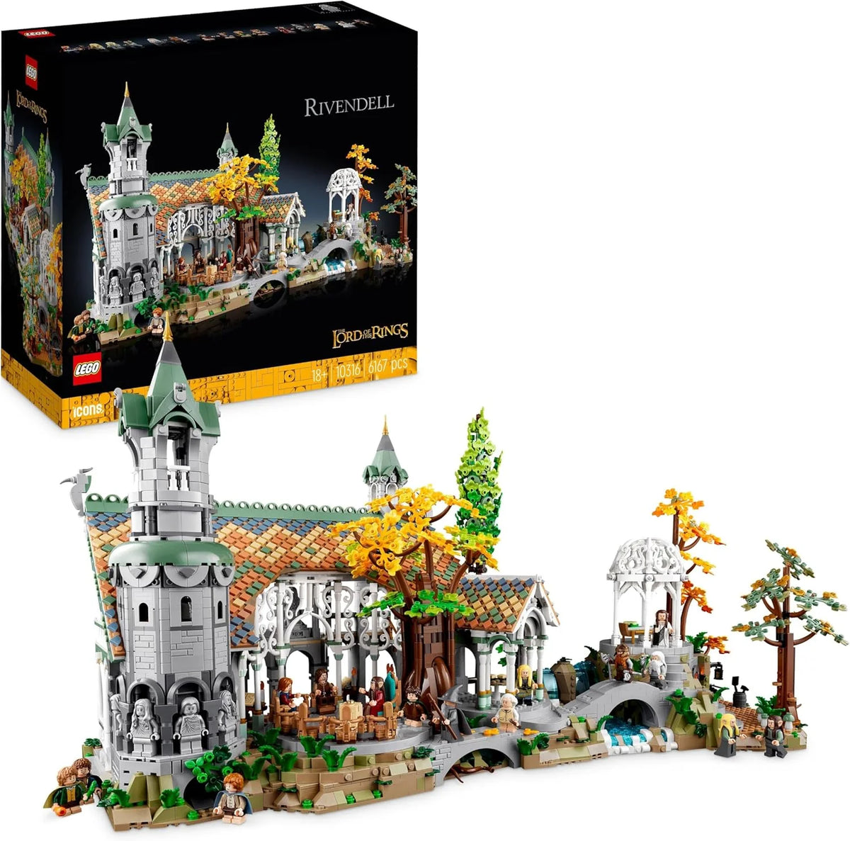 Ícones DE O SENHOR DOS ANÉIS: RIVENDELL - Presente de Dia dos Pais - Modelo para Construir da Terra Média - Conjunto Grande com 15 Minifiguras Incluindo Frodo, Bilbo, Gandalf e Legolas 10316