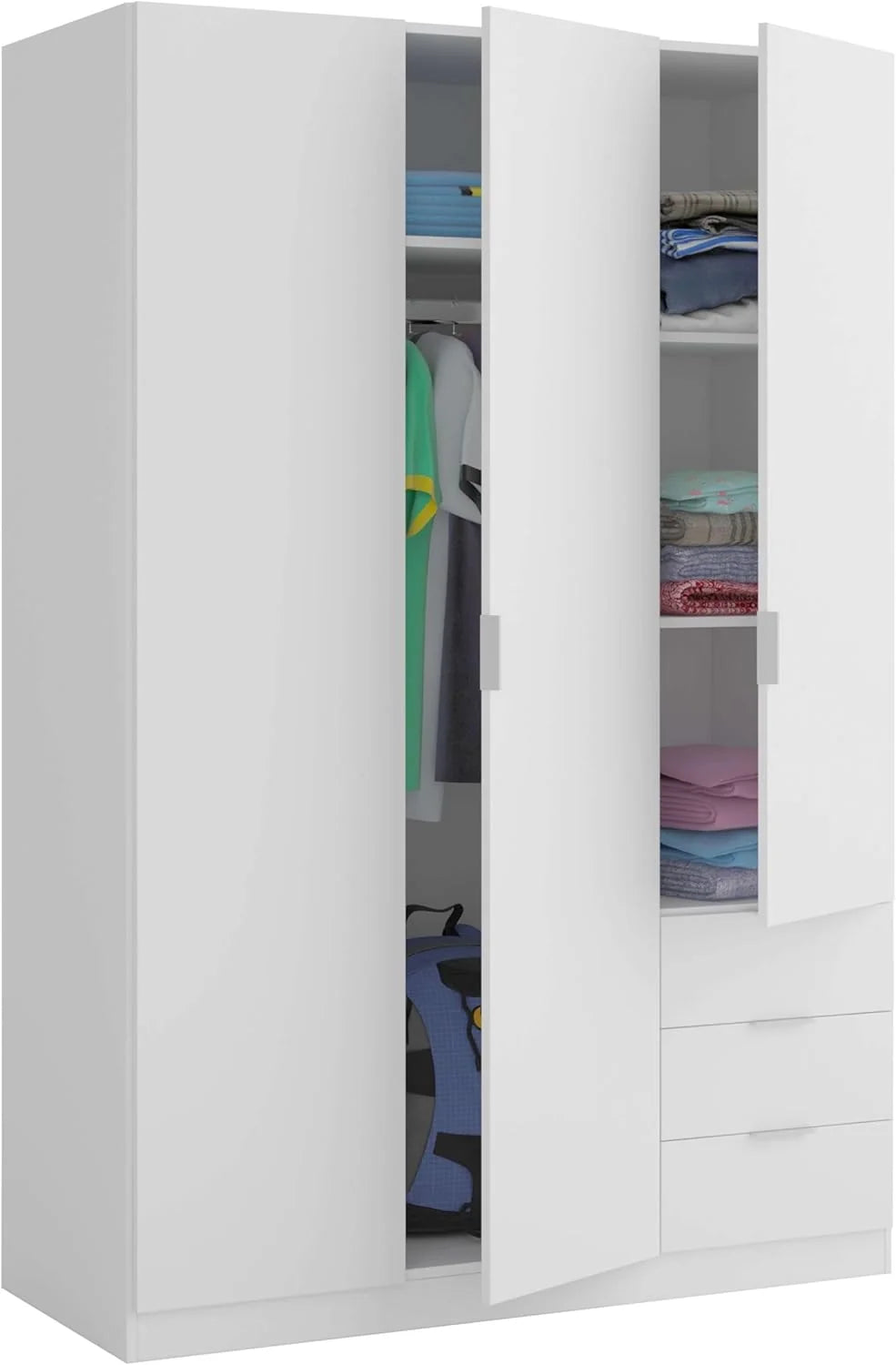 Guarda-Roupa de Três Portas e Três Gavetas Habitdesign, Acabamento Branco Ártico, Medidas: 121 cm (L) x 180 cm (A) x 52 cm (P)