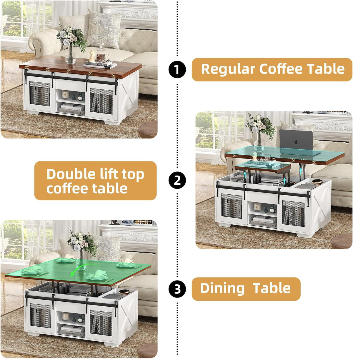 VOWNER Mesa de Centro Elevável, Mesa Extensível, Multifuncional 3 em 1 com Armazenamento Oculto - Sala de Jantar, Conversível, Estilo Fazenda, Nogueira