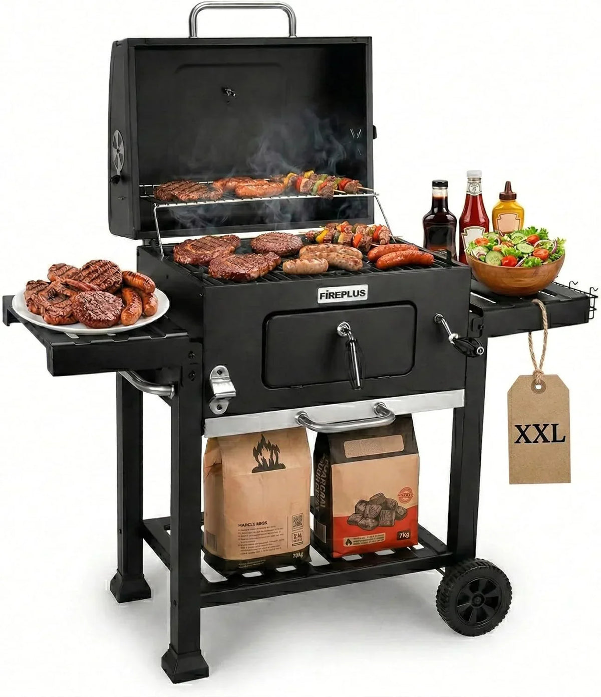 Amig - Churrasqueira a Carvão Fireplus XXL - Grelha de Aço 57x42cm - Com Rodas e Bandejas Laterais - Grelhador Grande Transportável - Depósito de Cinzas - 131x116,5x56cm