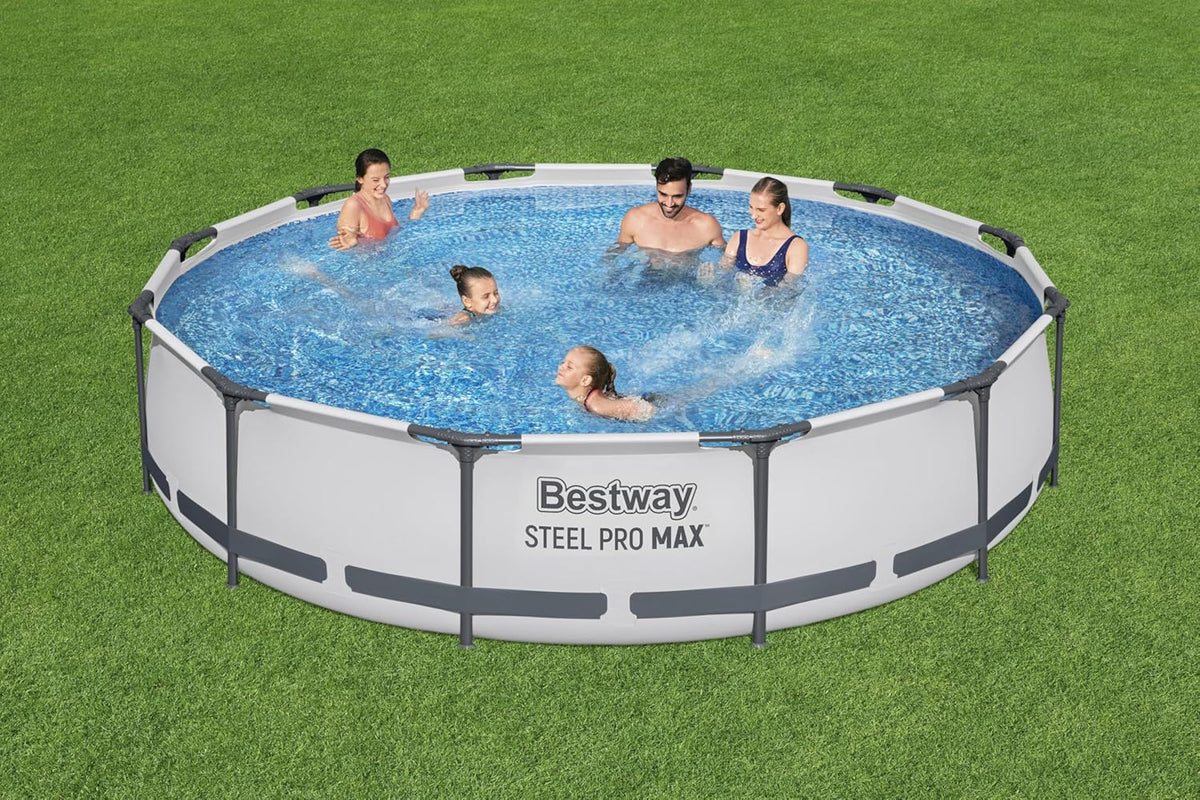 Bestway Steel Pro MAX Frame - Conjunto de Piscina com Bomba de Filtro, 366 x 76 cm de Diâmetro, Cinza Claro, Redondo