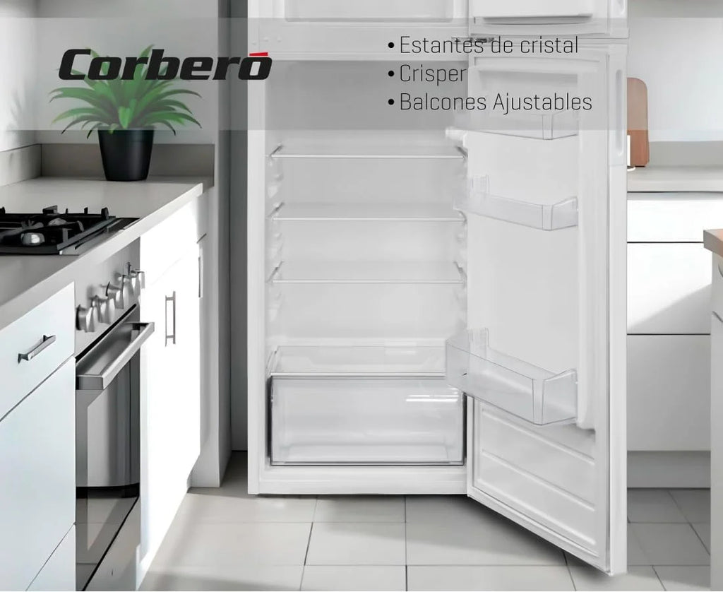 Corberó - Geladeira de 2 Portas | CF2PV21324W | 57x54x145 | Capacidade 212L | Luz Interna, Gaveta para Legumes, Prateleiras Ajustáveis na Porta, Degelo Manual, Prateleiras de Vidro, Porta-ovos, Bandejas de Gelo | Branco