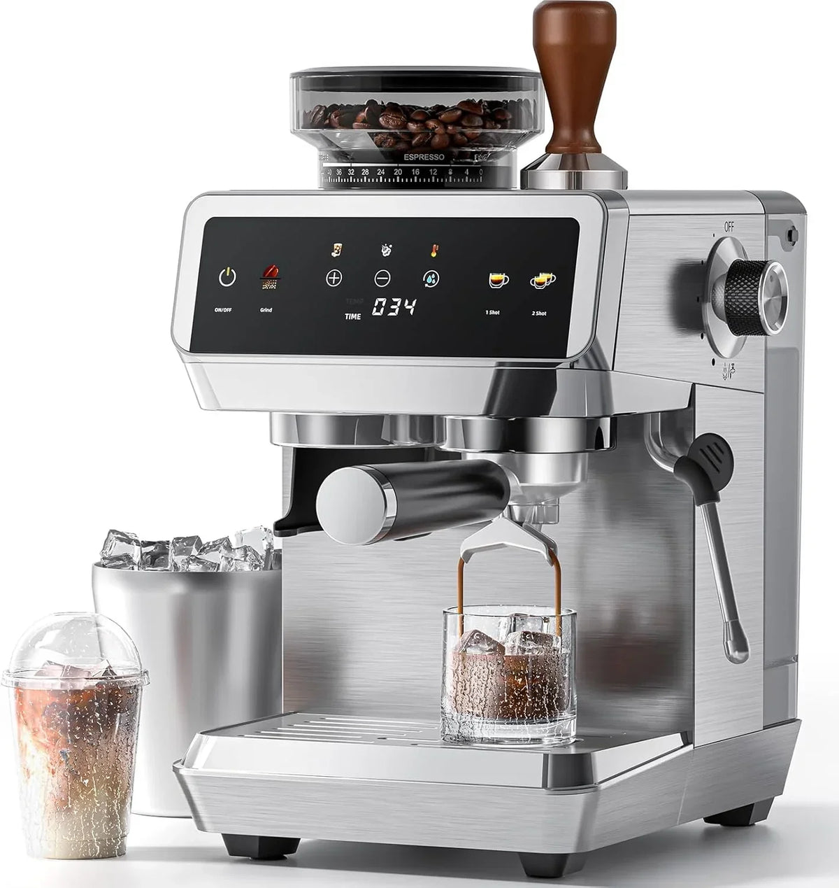 Máquina de Café Espresso AMZCHEF com Moedor Integrado 20 Bares – Cafeteira com 44 Configurações de Moagem, Vaporizador de Leite, 4 Temperaturas, Função Café Frio, Aço Inoxidável, Reservatório de 1,8L