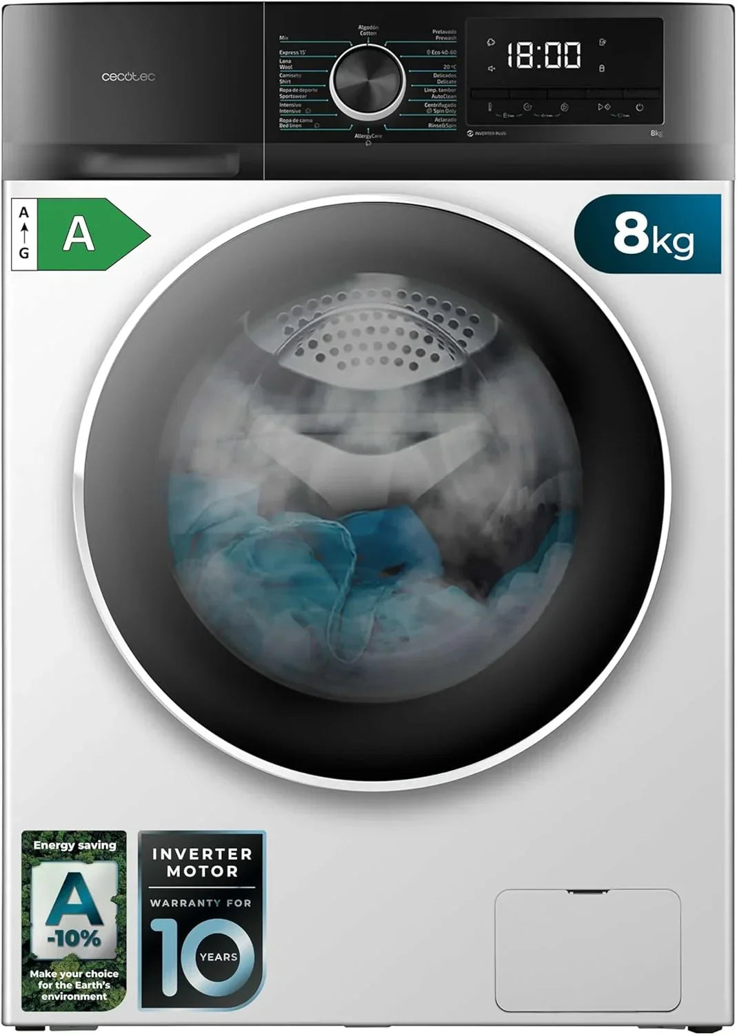 Máquina de Lavar Roupa Cecotec 9 kg de Carga Frontal Bolero Dresscode 9500 Inverter Steel A. 1900W, 1400 rpm, Motor Inverter Plus, Baixo Consumo, 16 Programas, SteamMax, Início Diferido, Aço