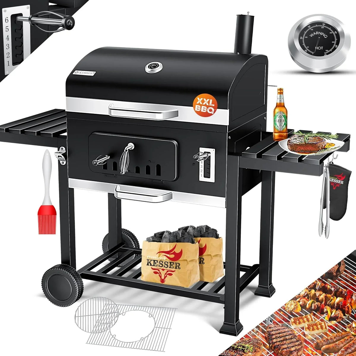 KESSER® Churrasqueira a Carvão com Carrinho com Tampa, Rodas, Alça de Aço Inoxidável | Churrasco e Termômetro Churrasqueira Grande a Carvão Camping Terraço Jardim XXL Preta