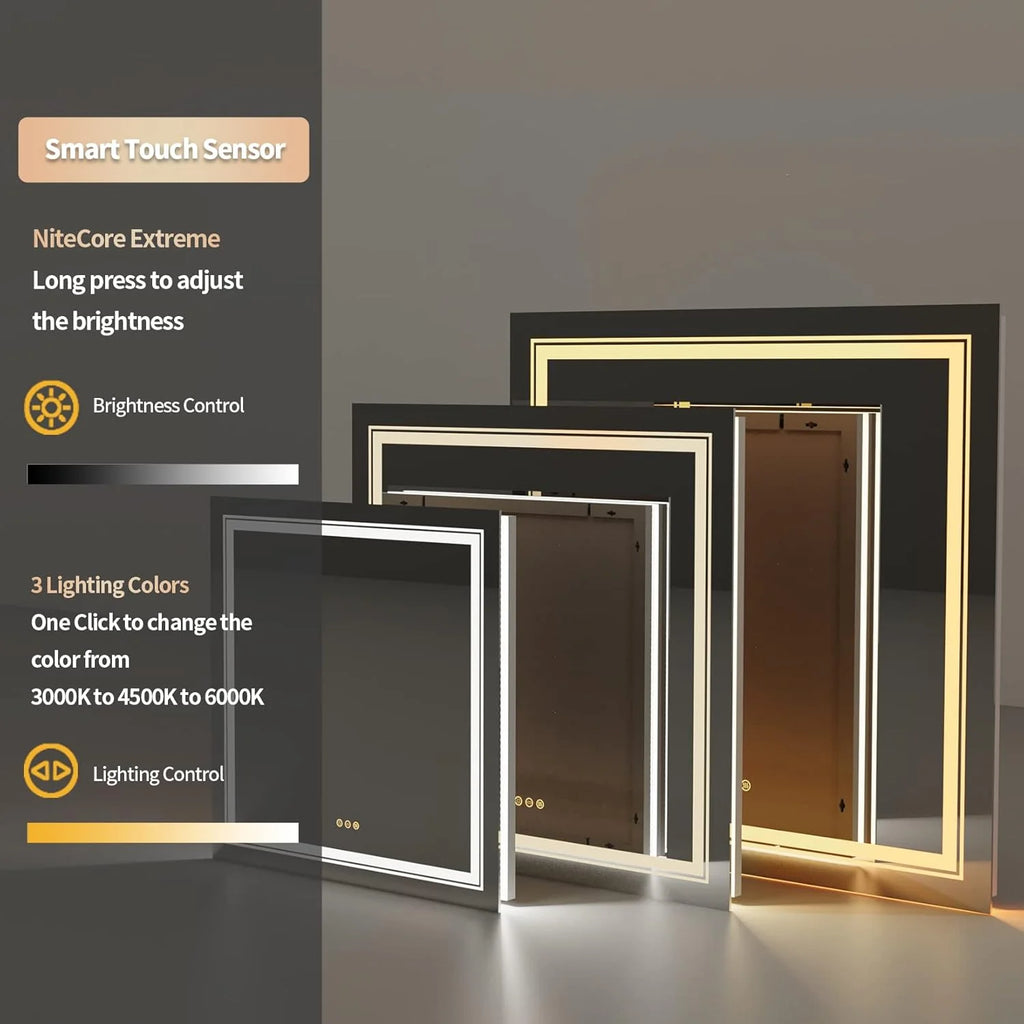 Espelho de Banheiro LED Quadrado LUVODI: 80x80 Espelho de Banheiro de Parede Anti-embaciamento Retroiluminado 80x80cm com Fonte de Luz LED Dupla Interruptor Sensível ao Toque Inteligente sem Moldura para Maquiagem Banheiro Lavabo