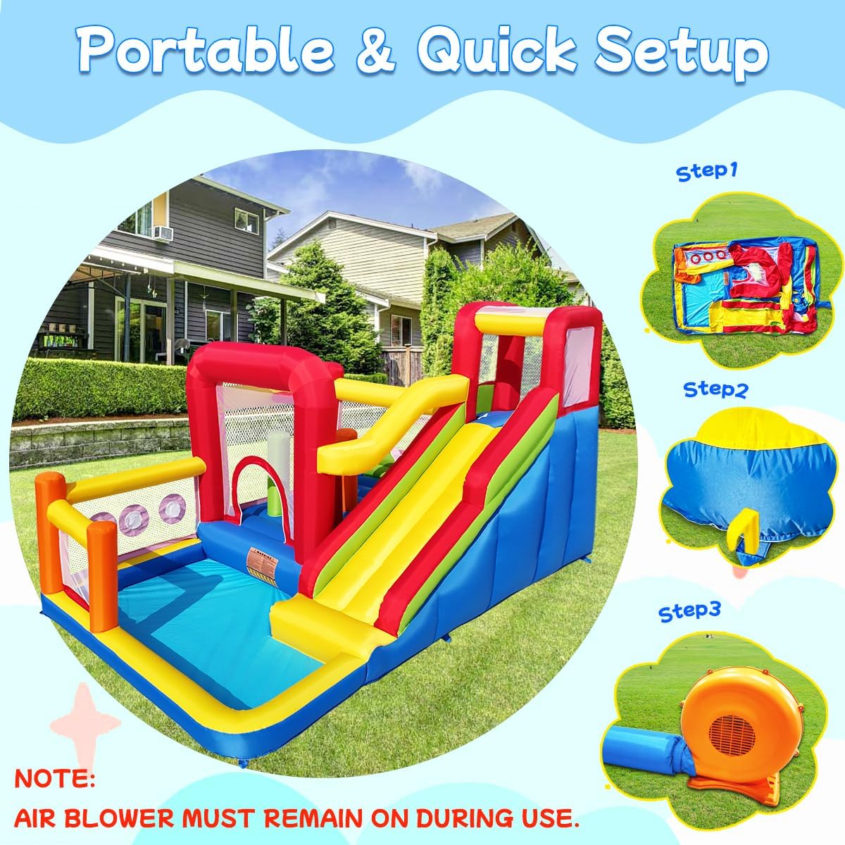 Castelo insuflável infantil com soprador – Multifuncional, rede de segurança, seguro e duradouro, perfeito para qualquer estação, para interior/exterior