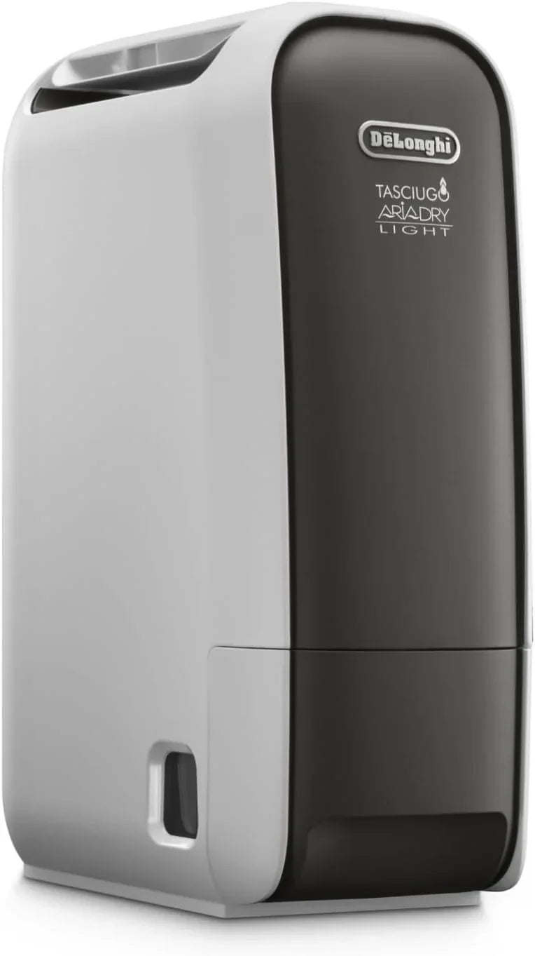 De'Longhi Tasciugo AriaDry Light – Desumidificador portátil com tecnologia de zeólita e ionizador, remove até 6 L/dia, função para secar roupas, anti-mofo e silencioso, função Swing e temporizador, Cinzento (DNS65)