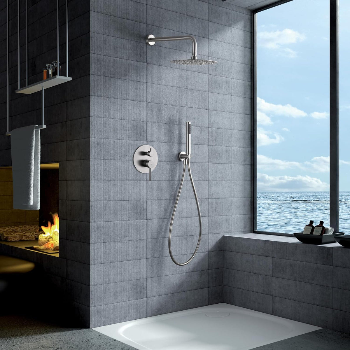 IMEX - Ducha de Parede Exterior em Aço Inoxidável | Ducha de Jardim de Parede Embutida em Aço S.316 | Conjunto de Torneiras com Água Quente e Fria para Piscina com Chuveiro | Série Moscou