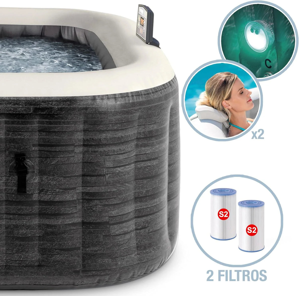 Intex Spa inflável quadrado Greystone Deluxe 4 pessoas, 175x175x71 cm, Aquecedor 2.200 W, Bolhas de ar quente, Clorador salino, Bomba filtrante com filtro S2 (1.741 l/h), Acessórios incluídos (55093)