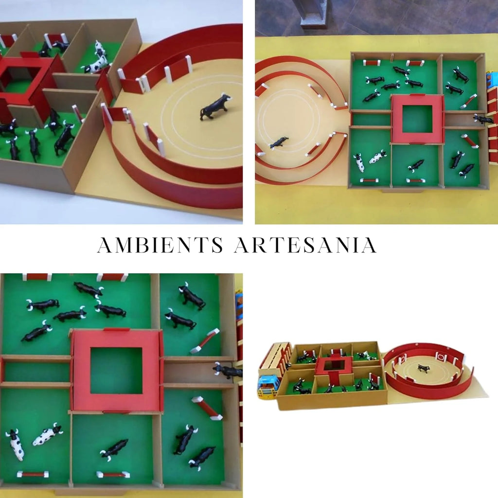 Conjunto de Caminhão, Currais e Praça de Touros - Jogo Taurino para Crianças +3 Anos com 18 Touros Pequenos e 2 Mansos - Fabricado na Espanha - Feito à Mão - AMBIENTS ARTESANÍA TAURINA