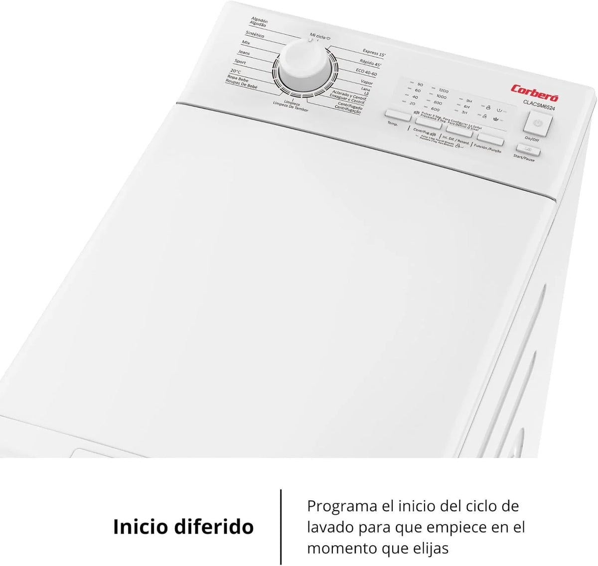 Corberó - Máquina de Lavar Roupa de Carga Superior 6.5kg | CLACSM6524 | 1200 RPM | 16 Programas, Função Vapor, ECO, Limpeza do Tambor | Início Diferido | Lavagem Rápida | Engomar Fácil | Indicadores LED | Branco