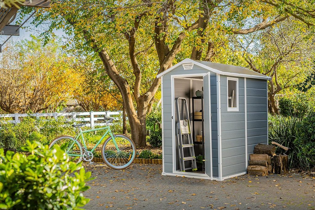 Keter Manor 4X6 - Galpão de Jardim, 130x192x198cm e 2,2m2, Chão, Sistema de Ventilação, Porta e Janela, Resistente à Água, Cor Cinza