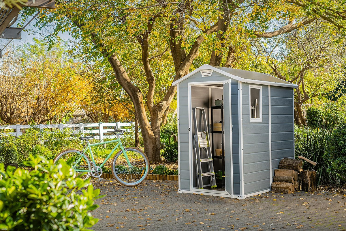 Keter Manor 4X6 - Galpão de Jardim, 130x192x198cm e 2,2m2, Chão, Sistema de Ventilação, Porta e Janela, Resistente à Água, Cor Cinza
