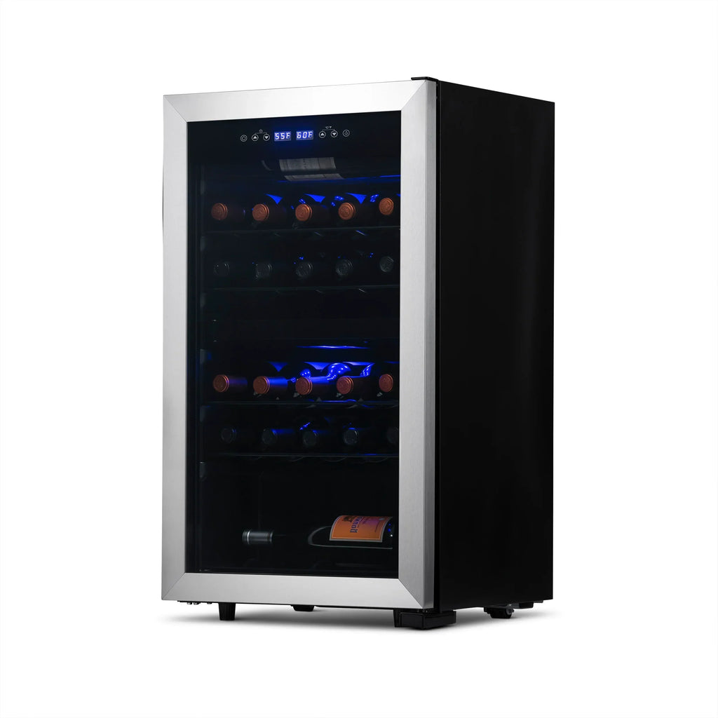 Newair® 2026 Refrigerador de Vinhos Freestanding – 28 Garrafas (48 cm), Duas Zonas, Aço Inoxidável