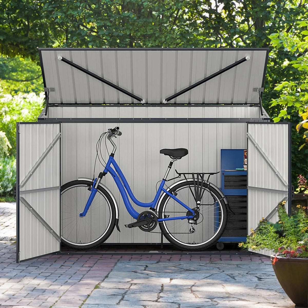 GOPLUS 1,9 m³ Abrigo de Jardim em Aço Galvanizado, 193 x 86 x 127 cm, Armário de Exterior com Porta Dupla e Fechaduras, Alavanca Hidráulica, Casa para Ferramentas, Bicicletas, Caixotes de Lixo