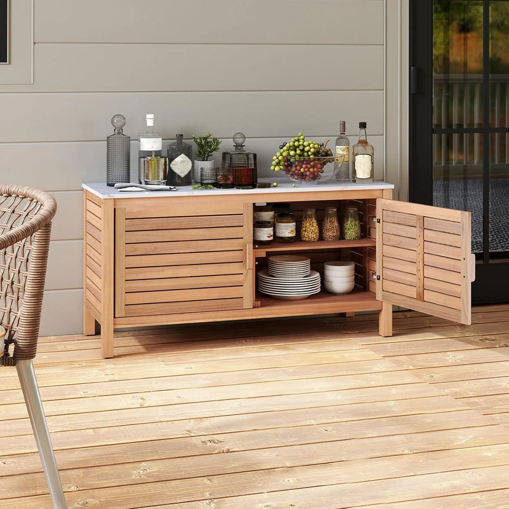 KOMFOTTEU Baú de Jardim de Madeira de Acácia, Caixa de Armazenamento com Porta Dupla e Tampa de Mármore Artificial, Baú Externo com Pés Ajustáveis, Contêiner Organizador para Pátio