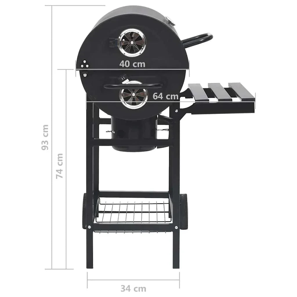 Churrasqueira preta de aço com rodas e prateleiras para exterior, 115 x 85 x 95 cm