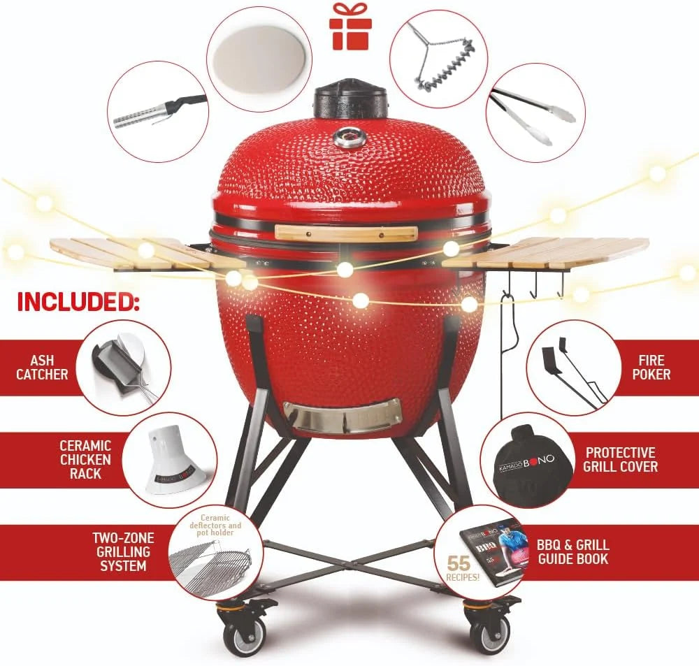 Kamado BONO BBQ - Churrasqueira Grande XXL com 10 acessórios - Ø 64 cm Churrasqueira Kamado com Acessórios - Grelhador defumador vermelho para terraço, varanda ou jardim