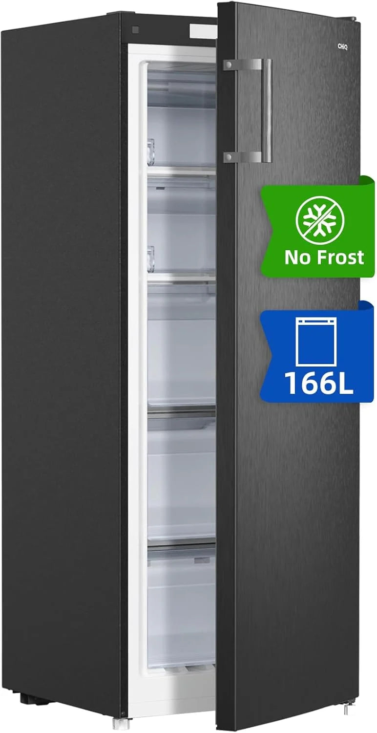 CHiQ Congelador Vertical No frost 166L, FSD166NE4E, Gavetas XL, Controle Eletrônico de Temperatura, Portas Reversíveis, Silencioso, Ice Box, Cor Inox Preto, Classe Energética E