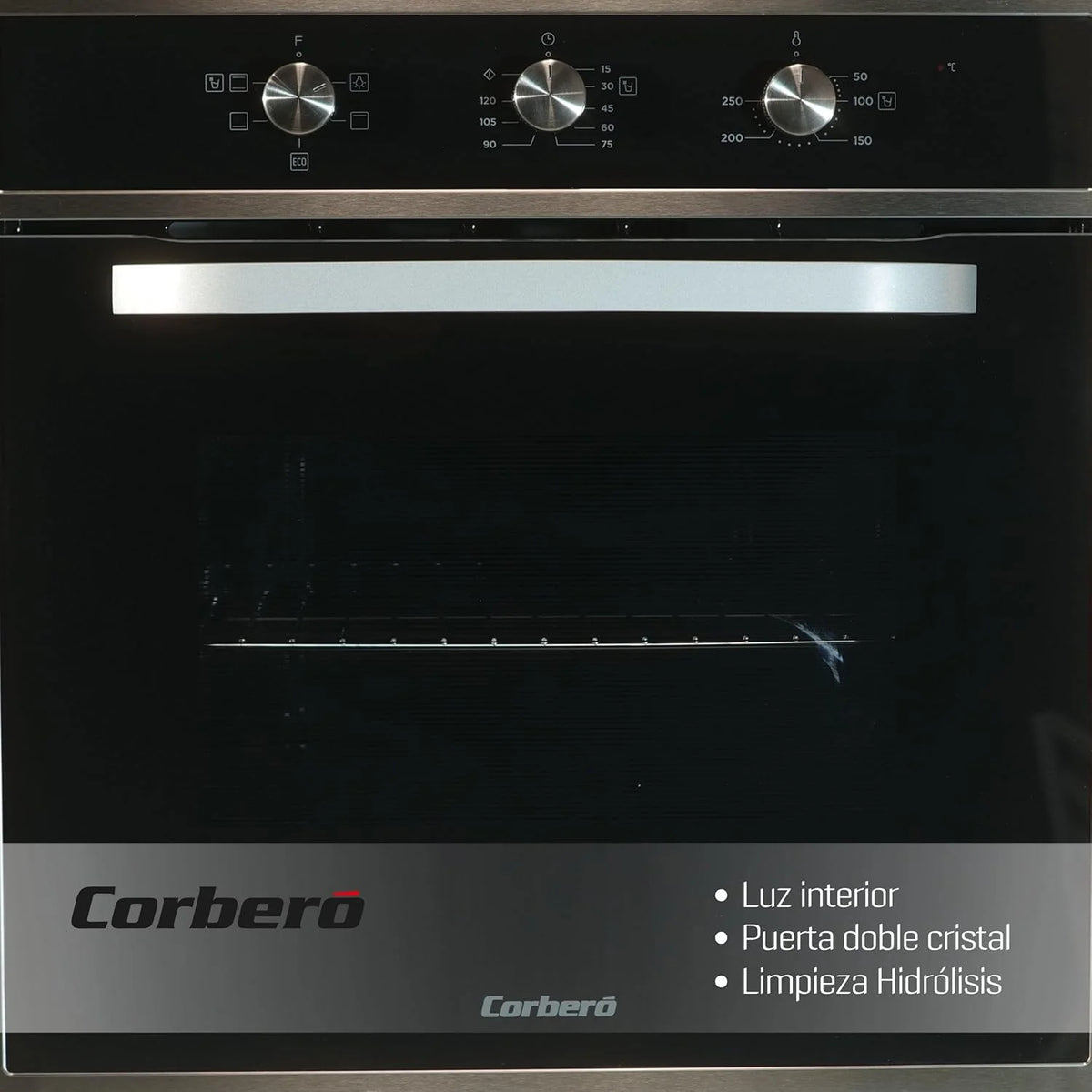 Corberó - Forno de Convecção 70L | CCHM603X | 60x60x58 cm | Convencional com 4 Programas | Luz Interior | Limpeza por Hidrólise | Porta de Vidro Duplo | 2100W | Preto com Perfil Inox