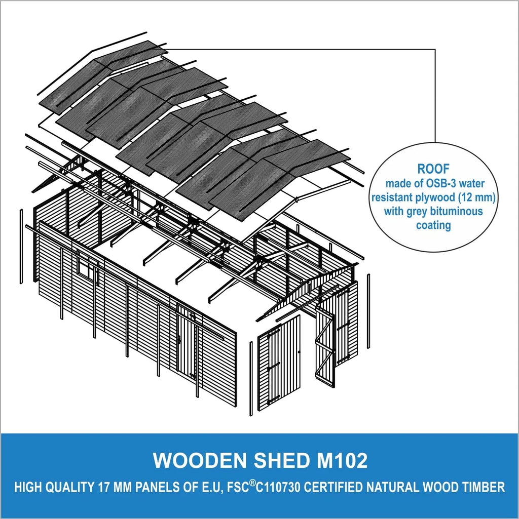 Garagem de Madeira Natural - galpão em Pinheiro/Abeto - A222x616x324 cm / 18 m² - Construção em Painéis - Oficina de jardinagem - Armazenamento de carros, galpão para Ferramentas-TIMBELA M102