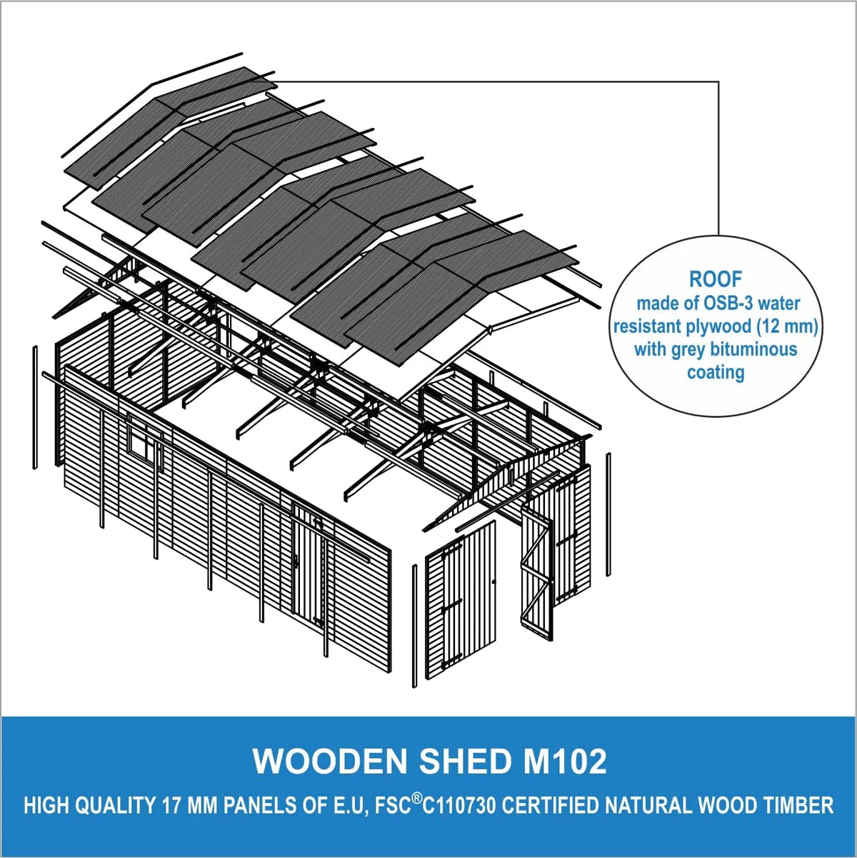 Garagem de Madeira Natural - galpão em Pinheiro/Abeto - A222x616x324 cm / 18 m² - Construção em Painéis - Oficina de jardinagem - Armazenamento de carros, galpão para Ferramentas-TIMBELA M102