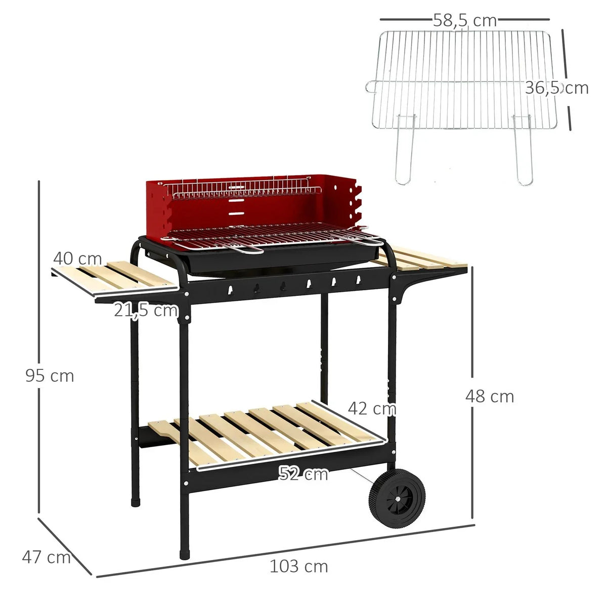 Churrasqueira a Carvão Outsunny de Metal e Pinho, 103x47x95 cm, Vermelho e Preto