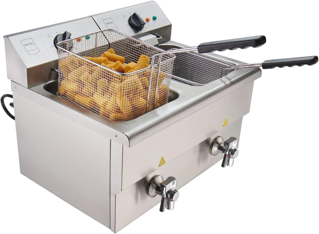 METRO Professional Fritadeira Dupla GDF5028, Aço Inox SS304, 2x 8 L, com Torneira, Regulador de Temperatura, Zona Fria, Prateado