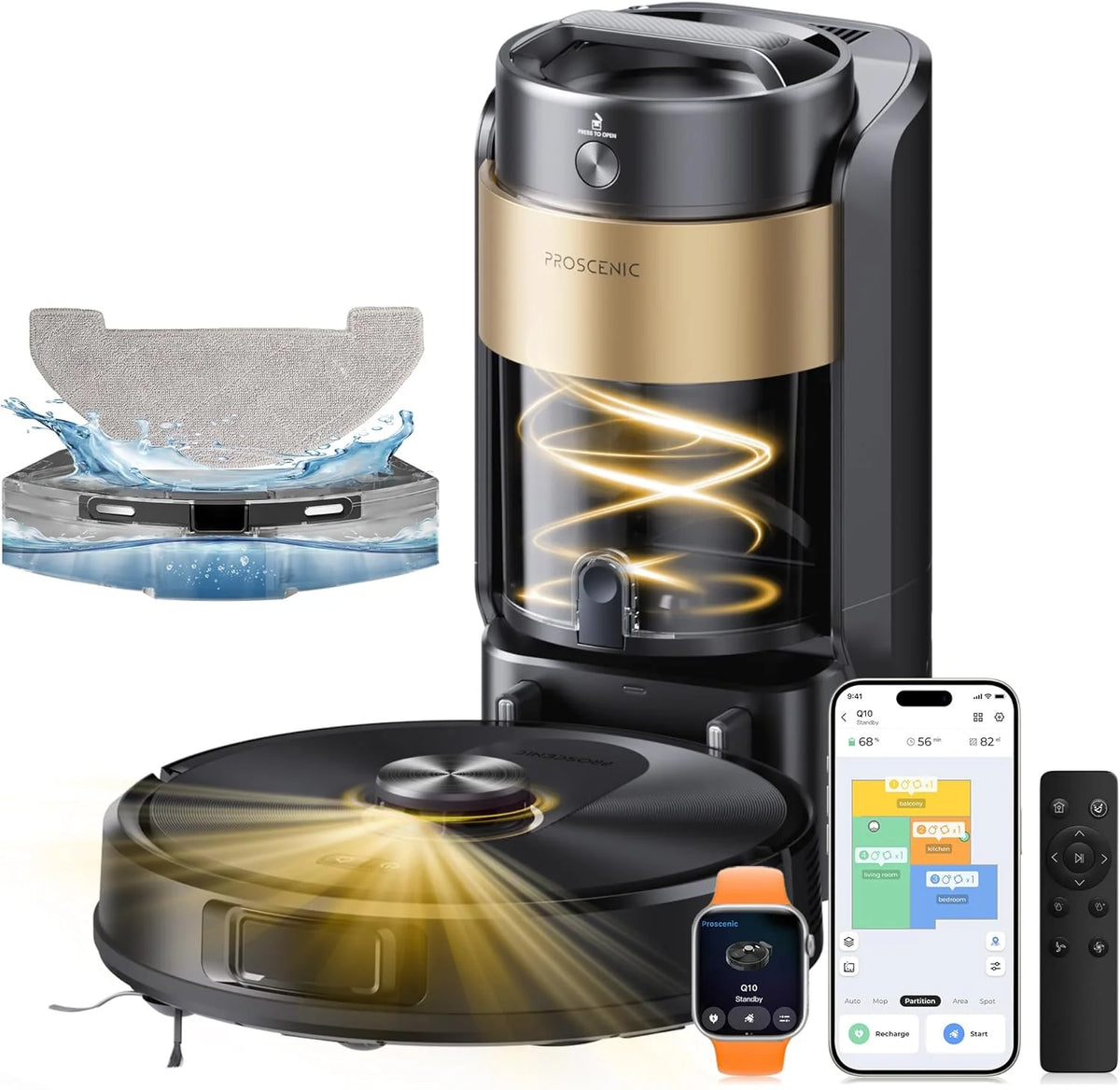 Proscenic Q20 Plus Robô Aspirador e Passa-Pano 10000 Pa/200Mins, com Base de Esvaziamento Automático de 4L sem Saco, Navegação e Mapeamento a Laser por App/Voz/Controle, para Chão, Tapetes e Pelos de Animais de Estimação