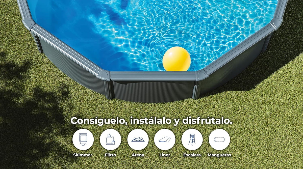 Gre KIT240GF Piscina de Aço Elevada, Redonda com Aparência de Aço Grafite, Piscinas Desmontáveis para Jardim, 240 x 120 cm, Kea