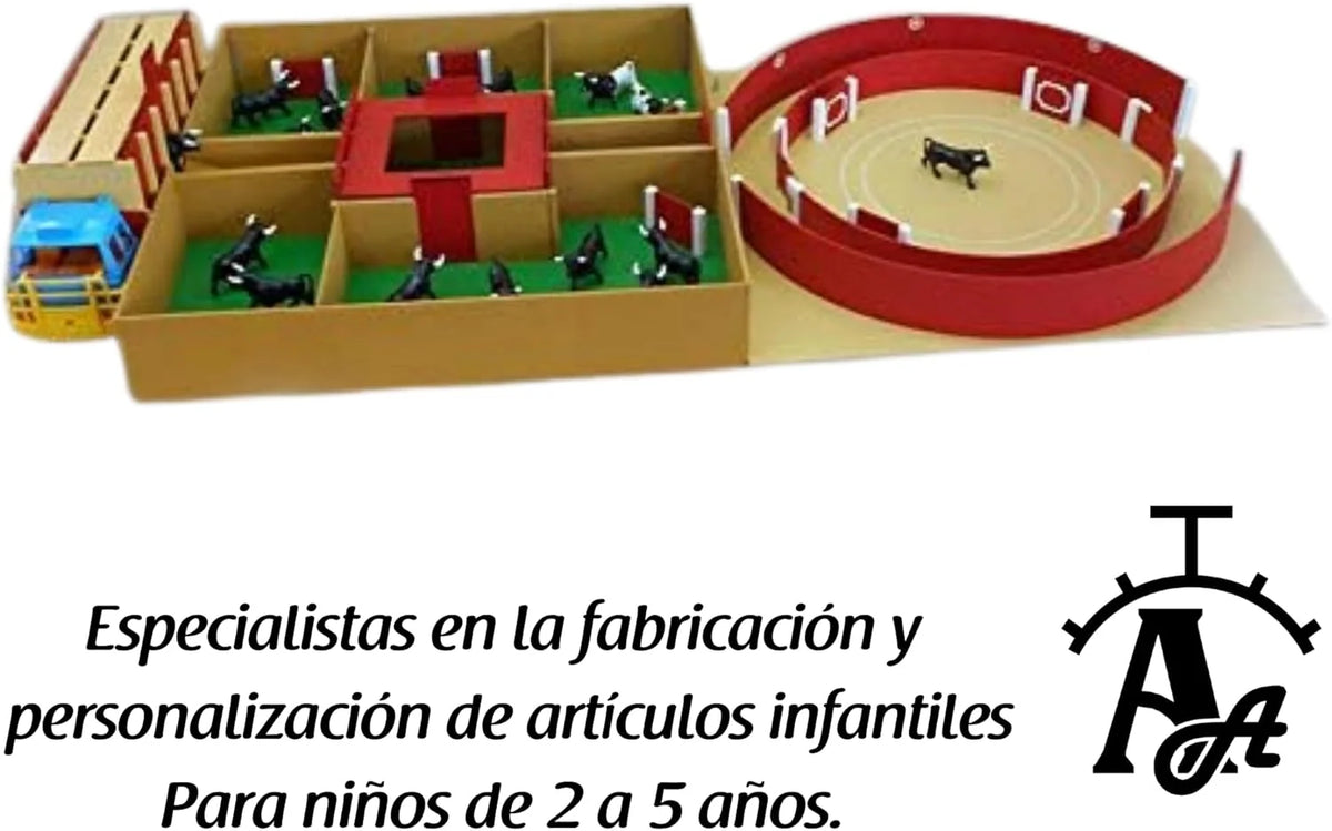 Conjunto de Caminhão, Currais e Praça de Touros - Jogo Taurino para Crianças +3 Anos com 18 Touros Pequenos e 2 Mansos - Fabricado na Espanha - Feito à Mão - AMBIENTS ARTESANÍA TAURINA