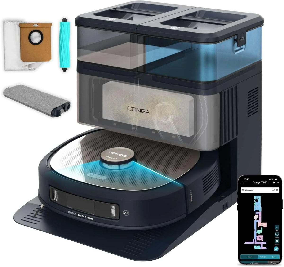 Cecotec Robô Aspirador e Passa Pano com IA, Base de Esvaziamento Automático e Tecnologia a Laser Conga Z100. 20000Pa, Limpeza Profissional com Mopa Bimaterial XXL, Esvaziamento Automático de Pó, Água e Limpeza de Mopas, App
