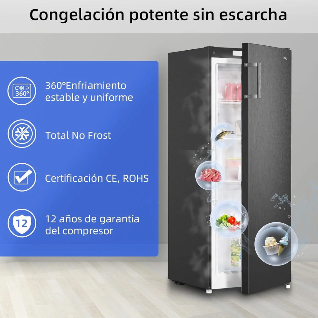 CHiQ Congelador Vertical No frost 166L, FSD166NE4E, Gavetas XL, Controle Eletrônico de Temperatura, Portas Reversíveis, Silencioso, Ice Box, Cor Inox Preto, Classe Energética E