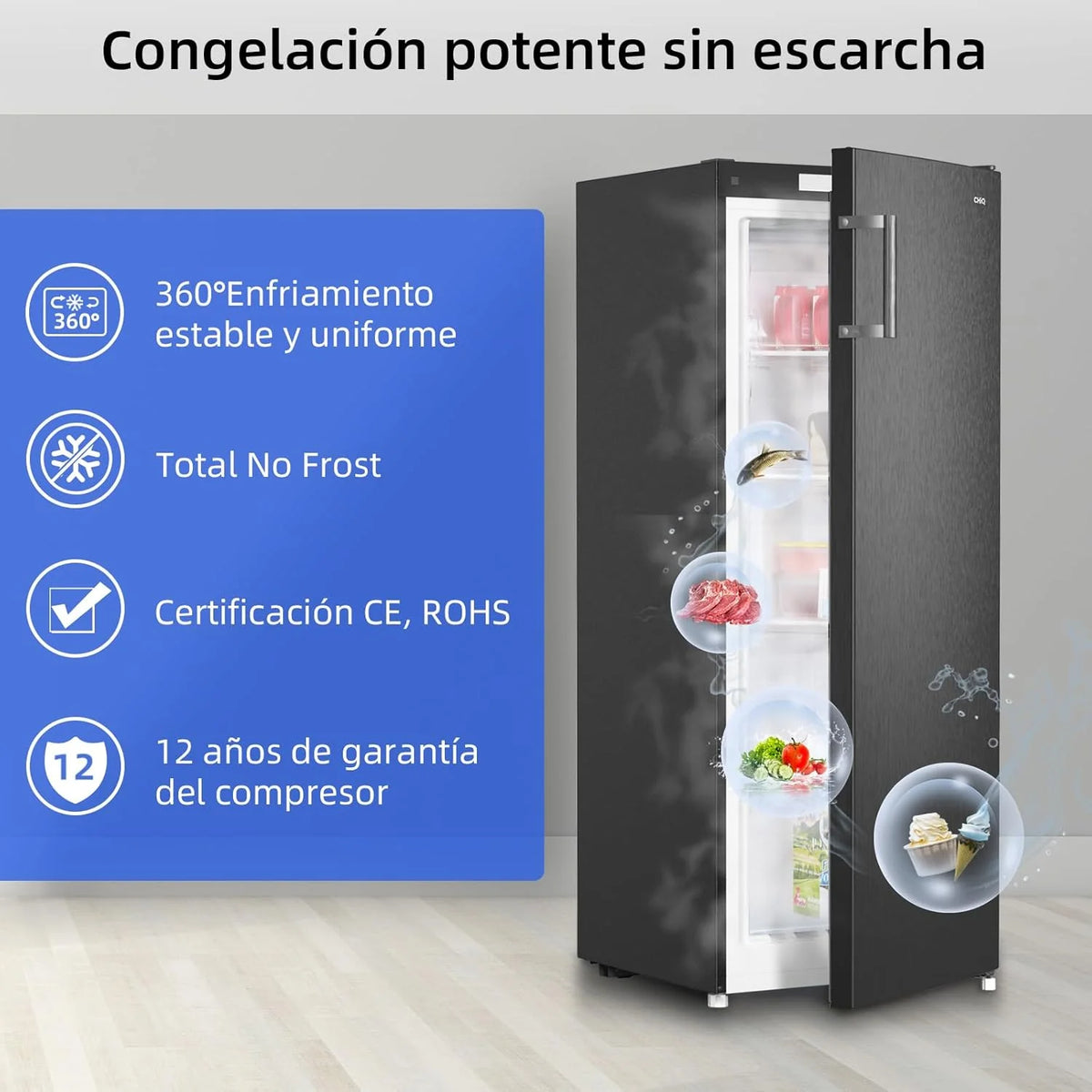 CHiQ Congelador Vertical No frost 166L, FSD166NE4E, Gavetas XL, Controle Eletrônico de Temperatura, Portas Reversíveis, Silencioso, Ice Box, Cor Inox Preto, Classe Energética E