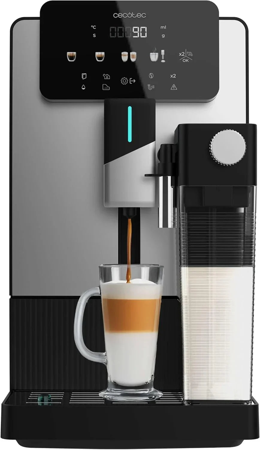 Máquina de café superautomática Cecotec Cremmaet Latte Touch, 19 Bares, Thermoblock, 12 Bebidas, 4 Perfis, Água 1.1L e Leite 400 ml, Ecrã TFT, Moedor Cónico, Limpeza Automática, Altura Ajustável