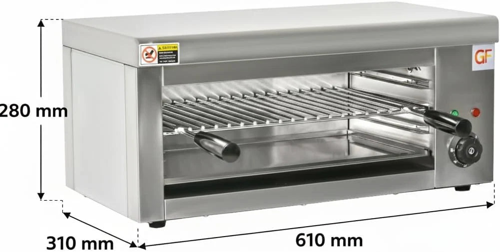 Salamandra Elétrica Profissional 2000 W – Aço Inoxidável 18/10 – Temporizador 30 min – 50-300 °C – Uso Industrial e Hoteleiro